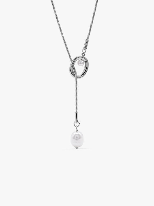 Pearl Flow Rhodium Plated Lariat Necklace