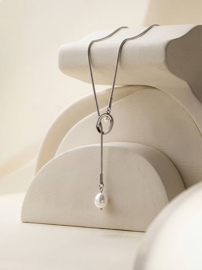 Pearl Flow Rhodium Plated Lariat Necklace