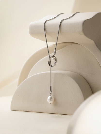 IXIA by GIVA Pearl Flow Rhodium Plated Lariat Necklace