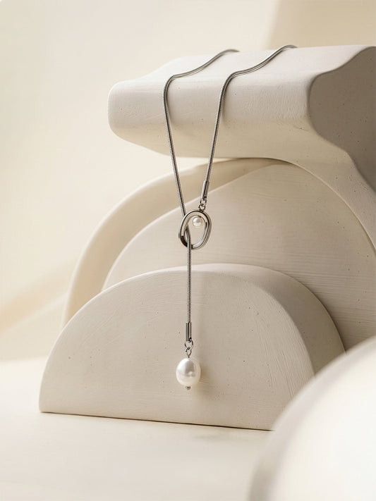 IXIA by GIVA Pearl Flow Rhodium Plated Lariat Necklace