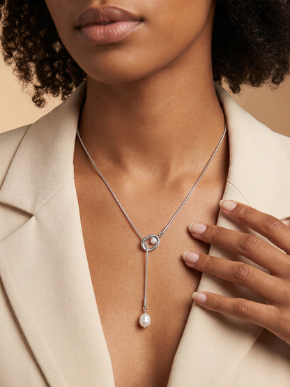 Pearl Flow Rhodium Plated Lariat Necklace