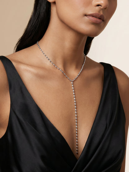 Ice Line Y Rhodium Plated Lariat Necklace