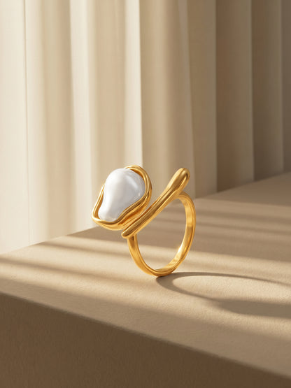 Melted Pearl Gold Plated Statement Ring (Size 13)