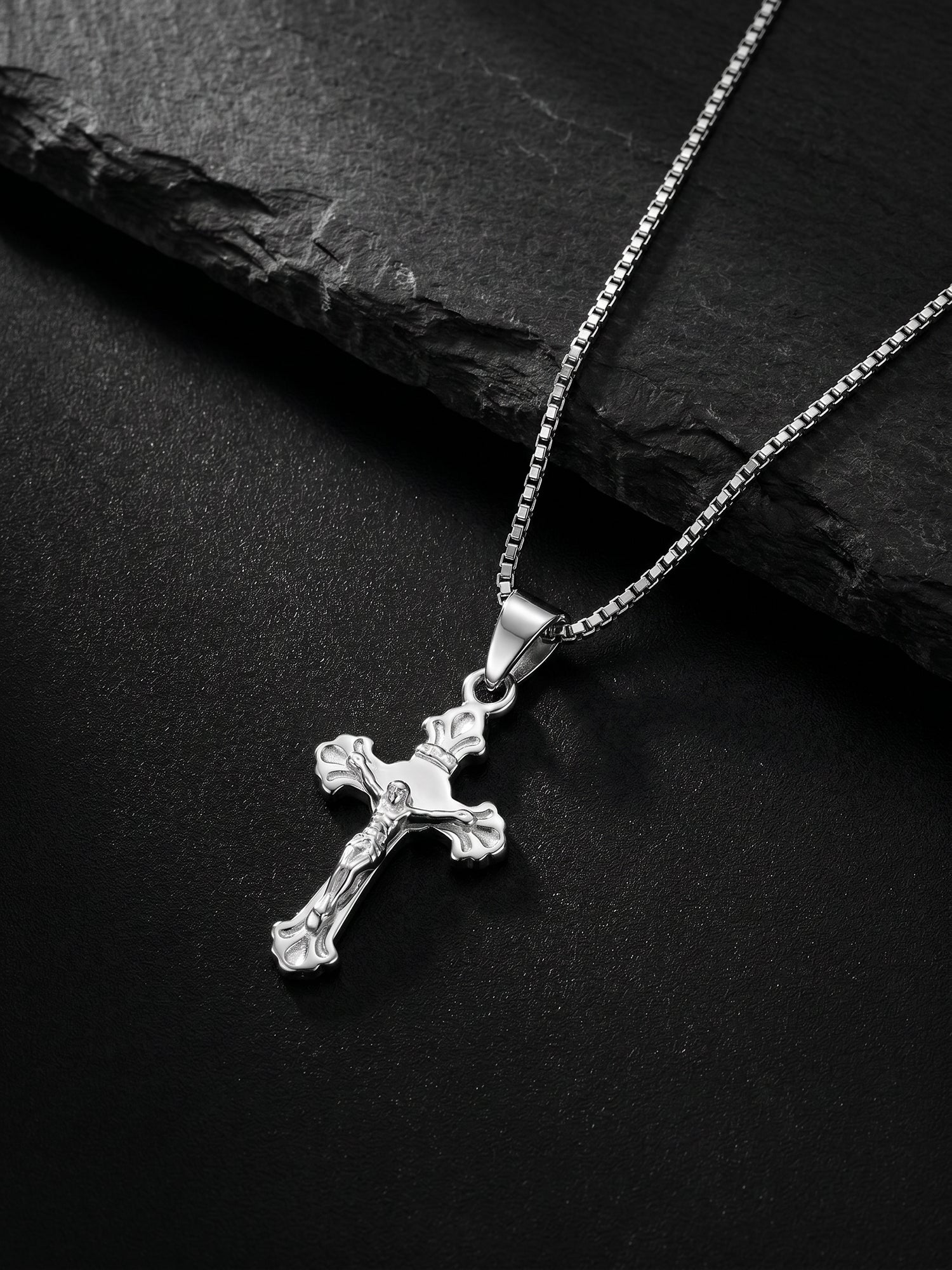 Silver Striped Cross Pendant with Box Chain For Him