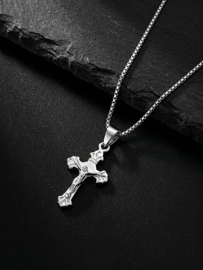 Silver Striped Cross Pendant with Box Chain For Him