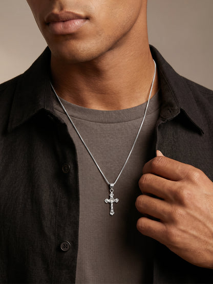 Silver Striped Cross Pendant with Box Chain For Him