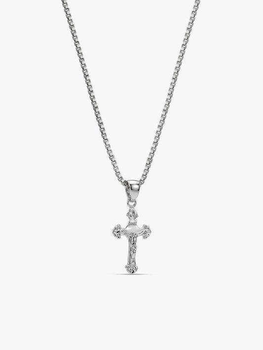 Silver Striped Cross Pendant with Box Chain For Him