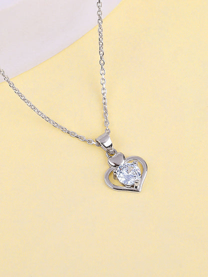 Silver Zircon Dual Heart Pendant with Link Chain