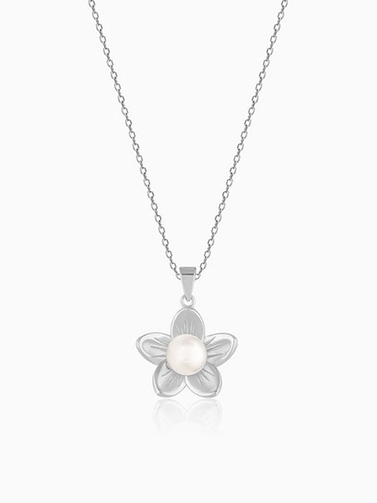 Silver Floral Pearl Pendant with Link Chain