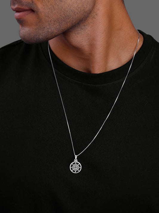 Silver Compass of Life Pendant with Box Chain For Him