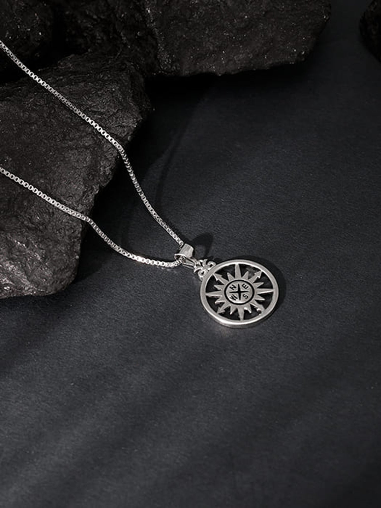 Silver Compass of Life Pendant with Box Chain For Him
