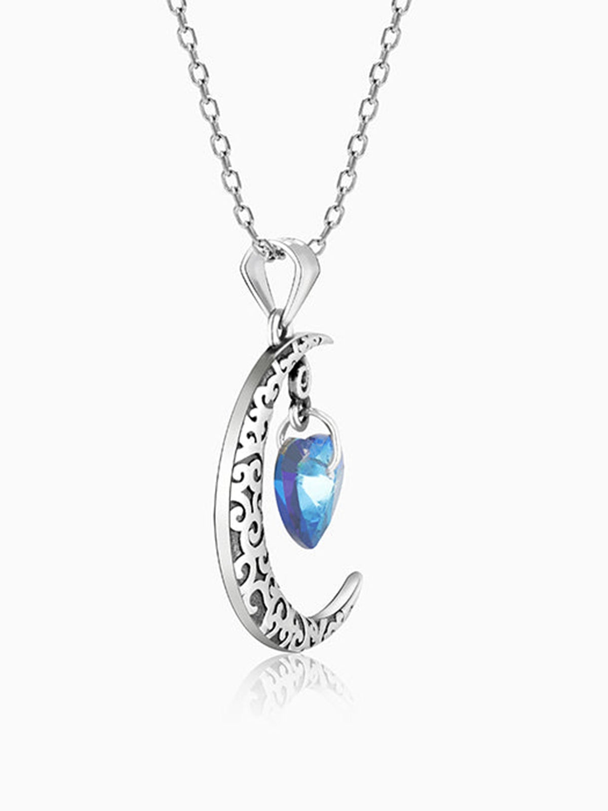 Oxidised Silver Moon Heart Pendant with Link Chain