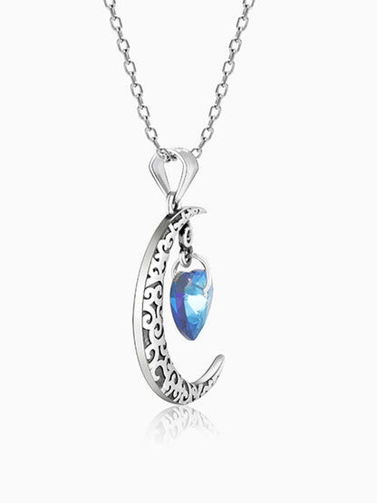 Oxidised Silver Moon Heart Pendant with Link Chain