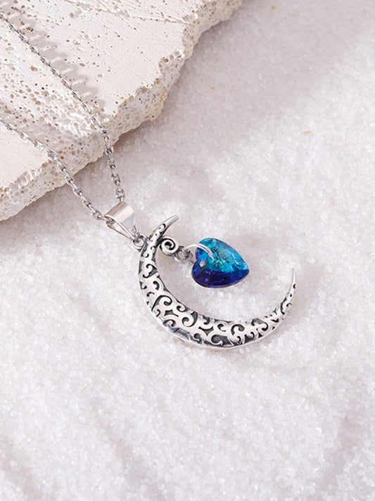 Oxidised Silver Moon Heart Pendant with Link Chain