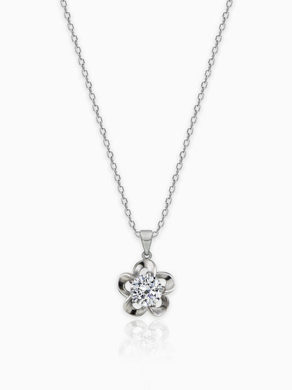 Silver Zircon Flower Pendant with Link Chain