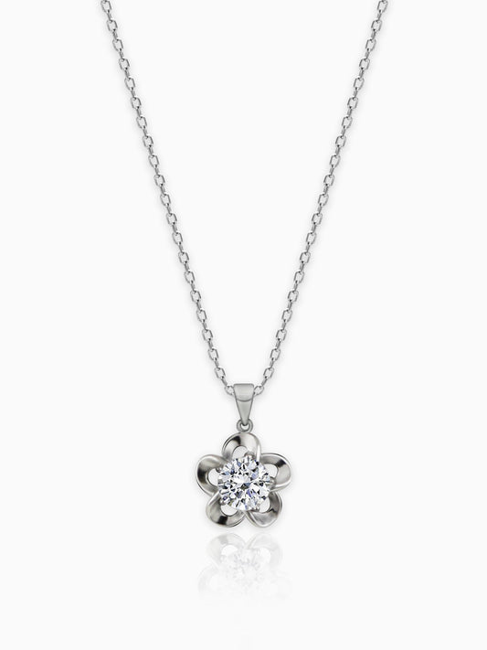 Silver Zircon Flower Pendant with Link Chain