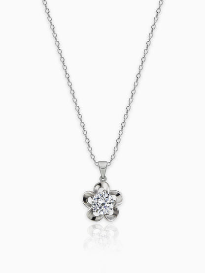 Silver Zircon Flower Pendant with Link Chain