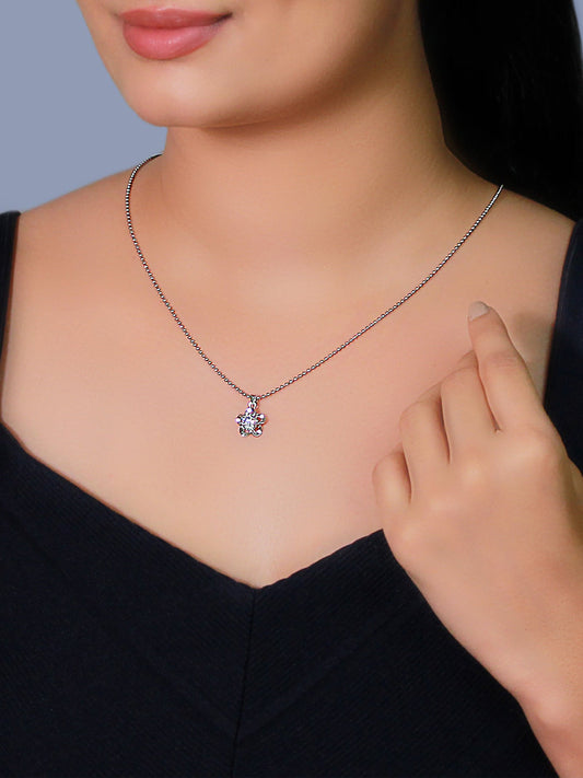 Silver Zircon Flower Pendant with Link Chain