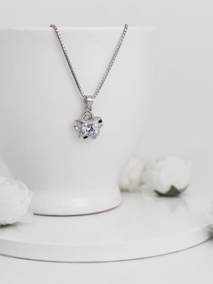 Silver Zircon Flower Pendant with Link Chain