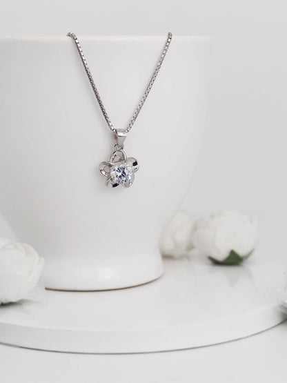 Silver Zircon Flower Pendant with Link Chain