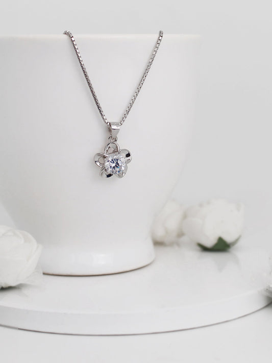 Silver Zircon Flower Pendant with Link Chain