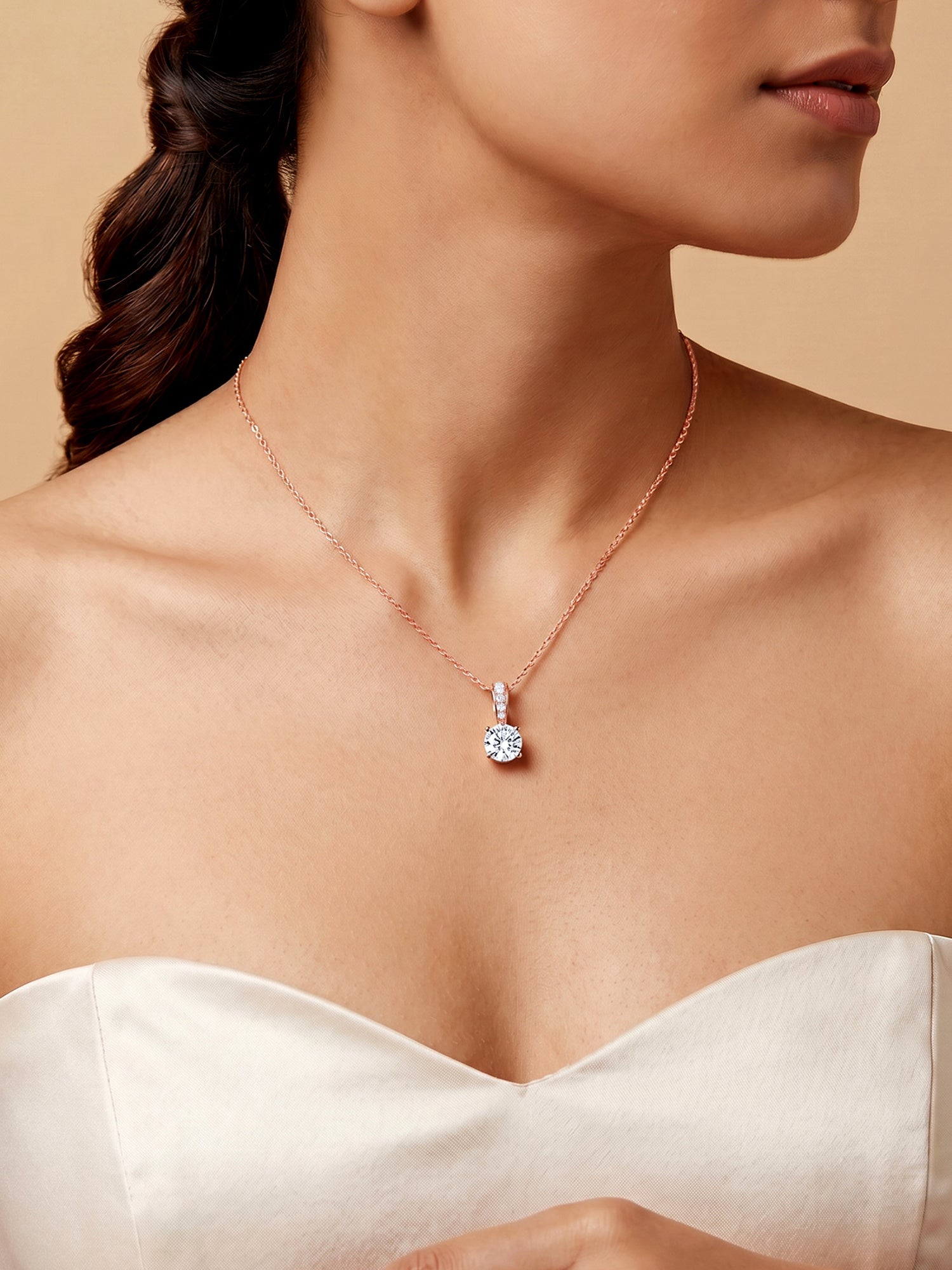 Rose Gold Classic Zircon Shine Pendant with Link Chain