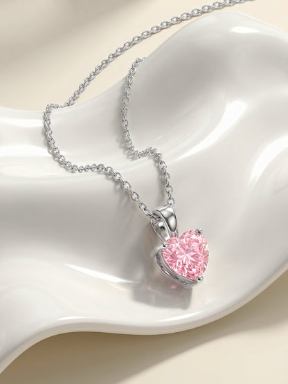Silver Pink Heart Pendant with Link Chain
