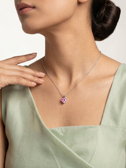 Silver Pink Heart Pendant with Link Chain