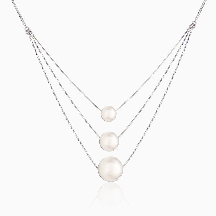 Silver Triple Layer Pearl Necklace With Link Chain - Image 1