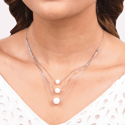 Silver Triple Layer Pearl Necklace With Link Chain