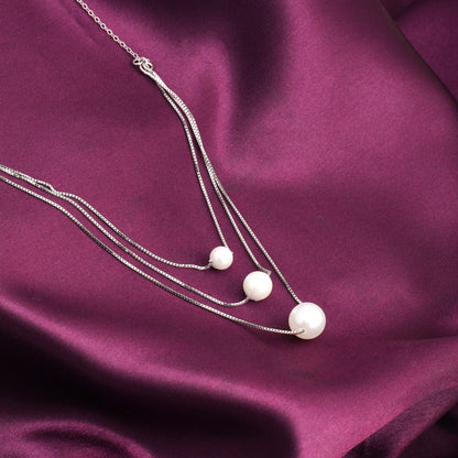 Silver Triple Layer Pearl Necklace With Link Chain