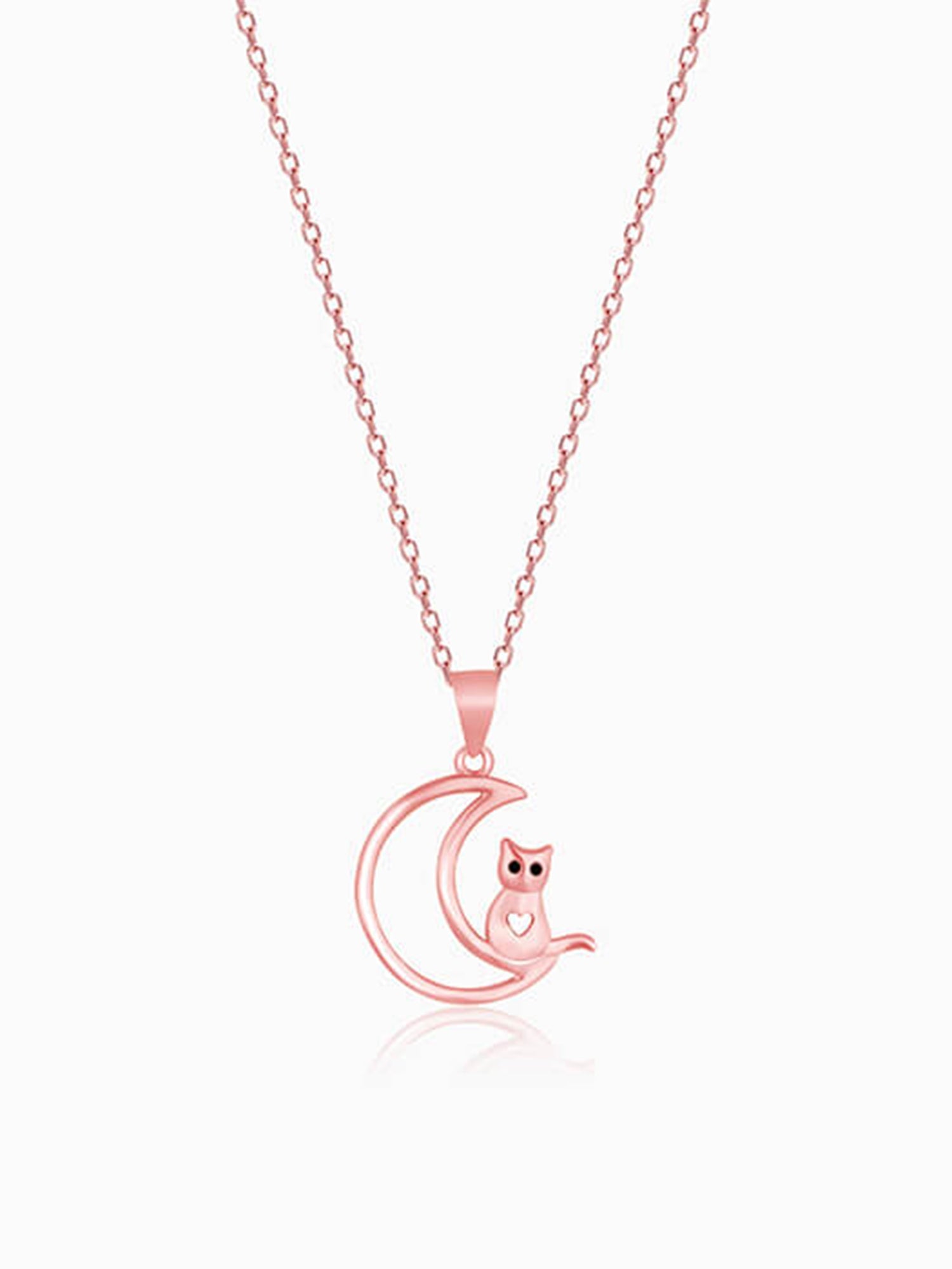 Rose Gold Cat In Crescent Moon Pendant with Link Chain