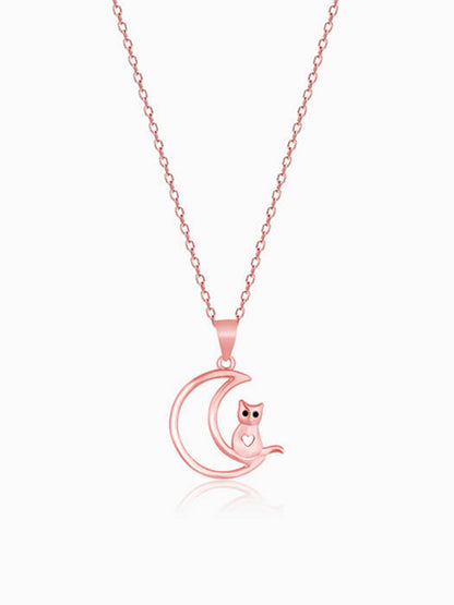 Rose Gold Cat In Crescent Moon Pendant with Link Chain