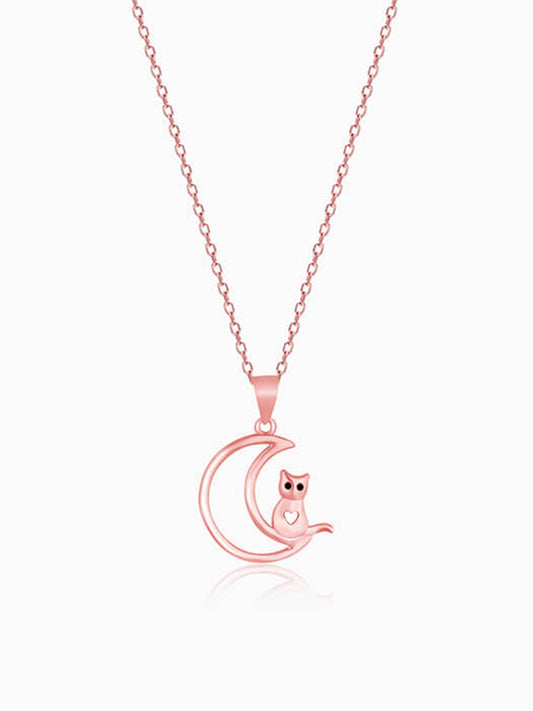 Rose Gold Cat In Crescent Moon Pendant with Link Chain