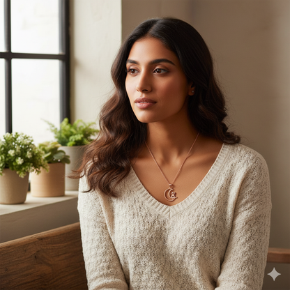 Rose Gold Cat In Crescent Moon Pendant with Link Chain