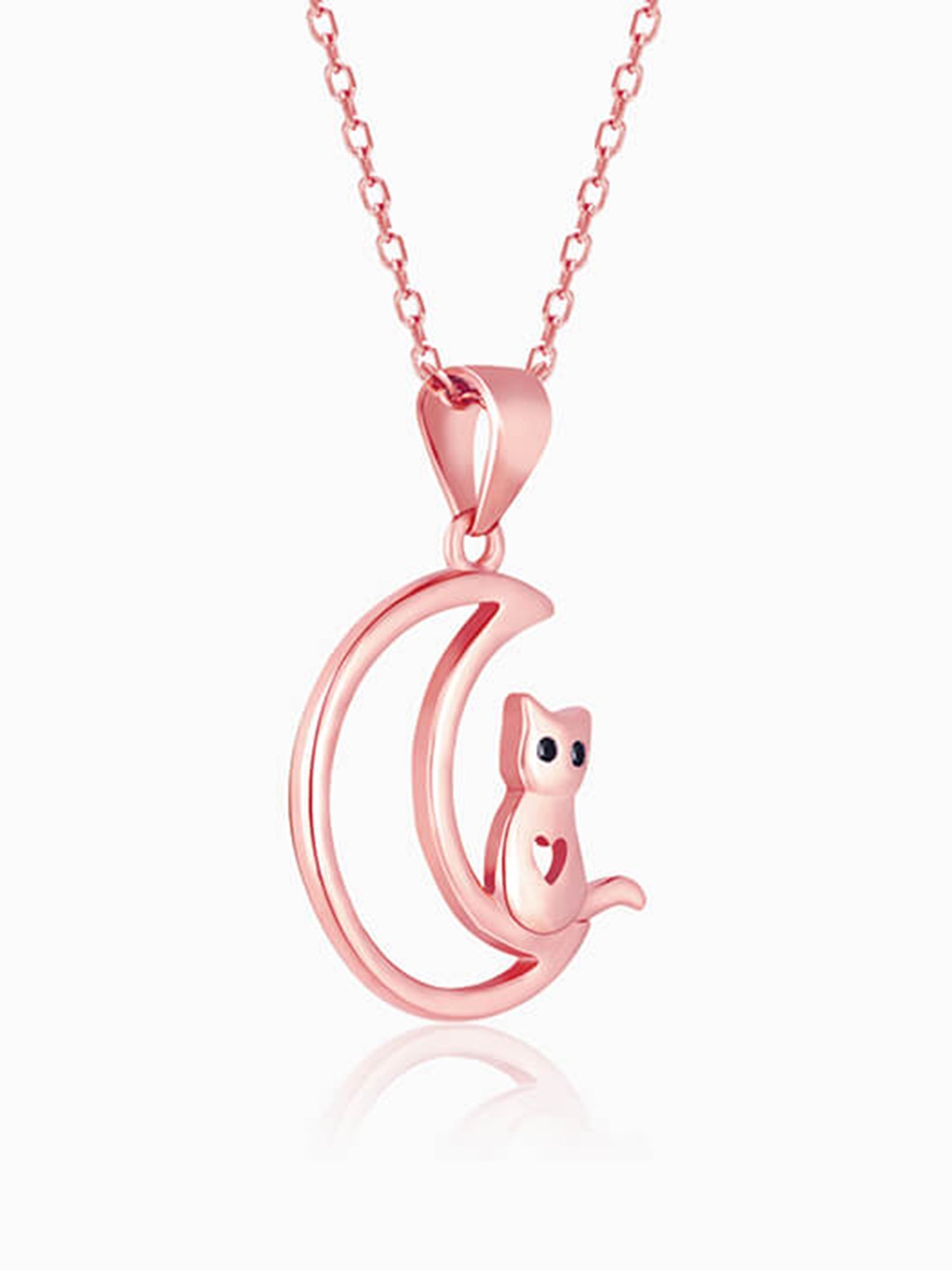 Rose Gold Cat In Crescent Moon Pendant with Link Chain