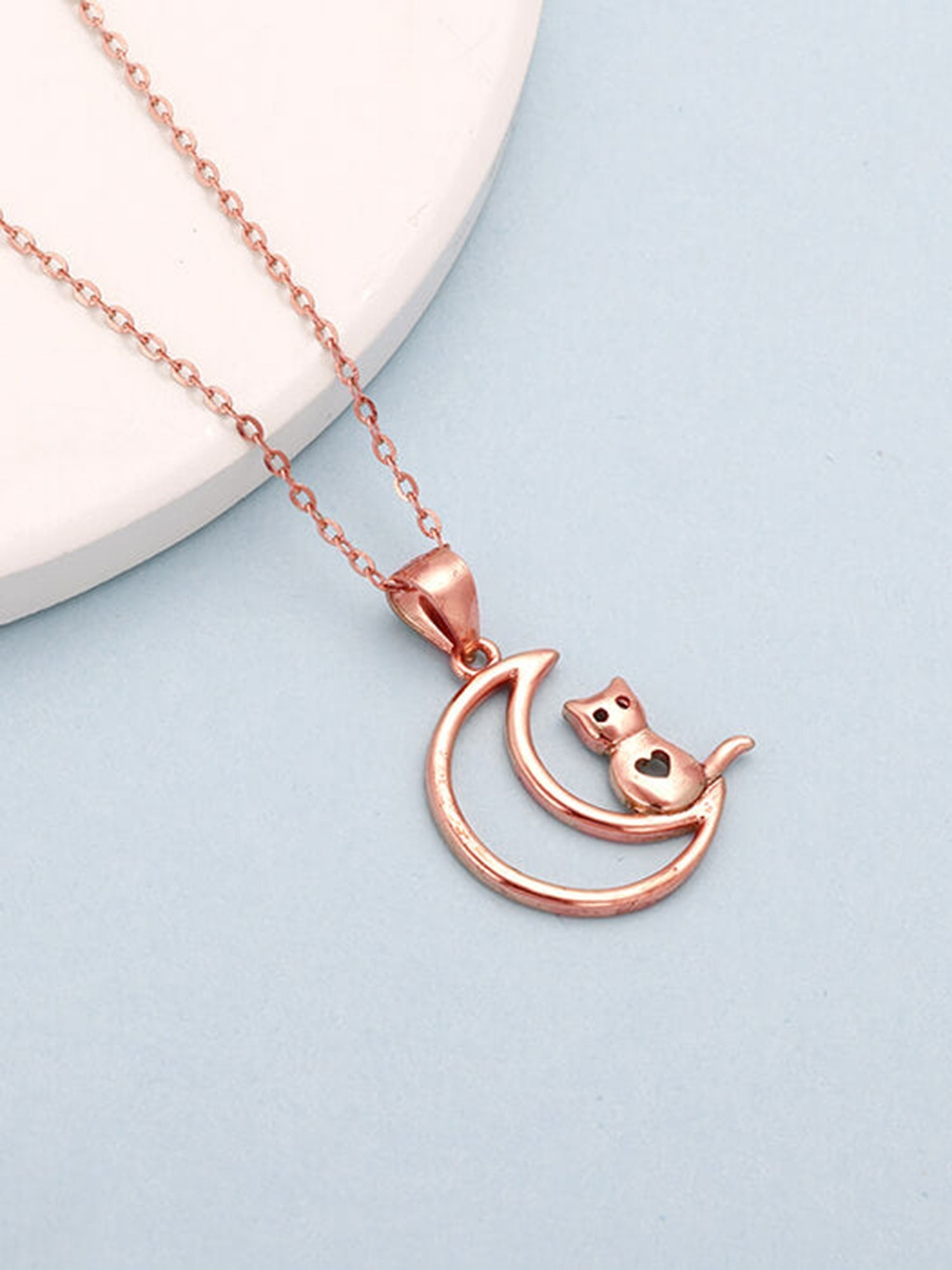 Rose Gold Cat In Crescent Moon Pendant with Link Chain