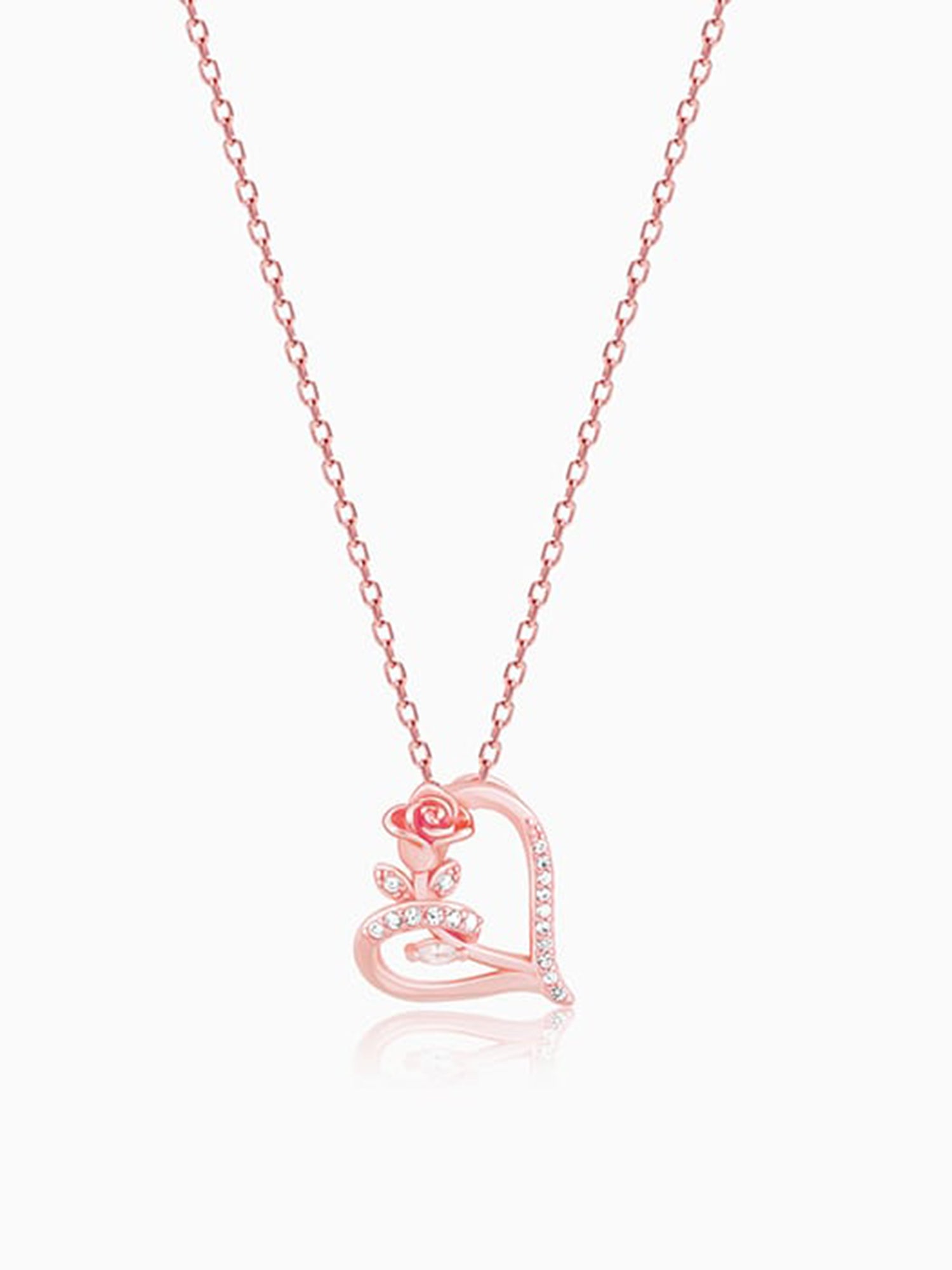Rose Gold Rose In Heart Pendant with Link Chain