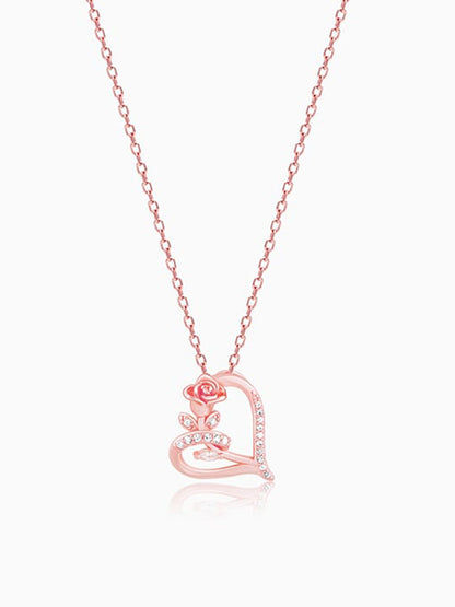 Rose Gold Rose In Heart Pendant with Link Chain