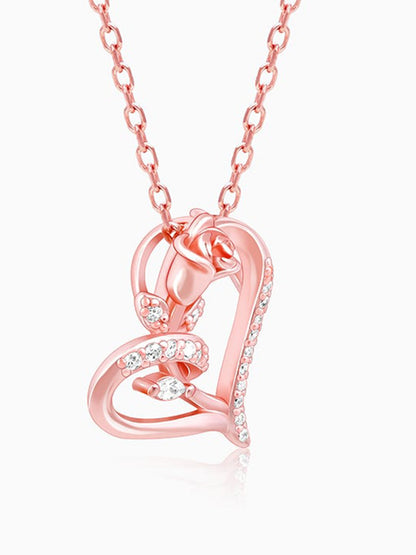 Rose Gold Rose In Heart Pendant with Link Chain