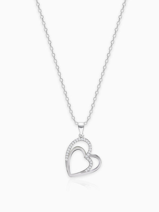 Silver Zircon Double Heart Pendant with Link Chain