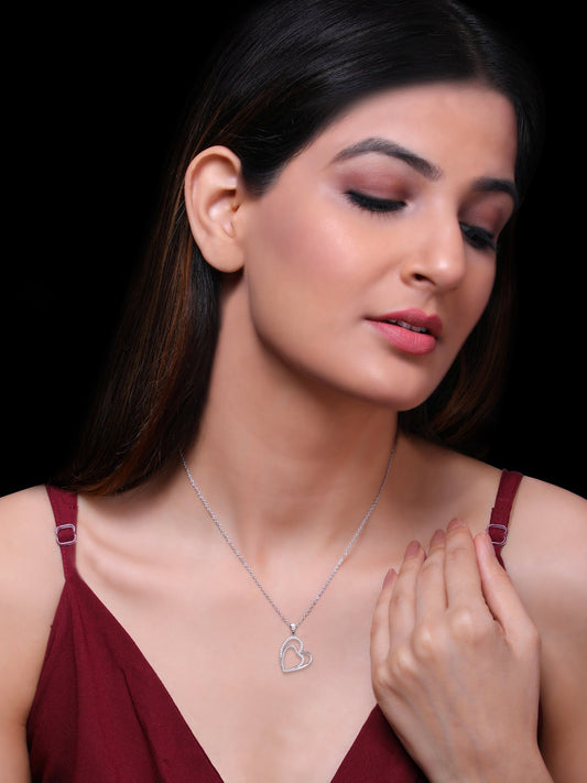 Silver Zircon Double Heart Pendant with Link Chain