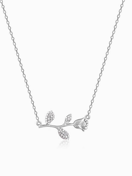 Silver Zircon Studded Rose Necklace