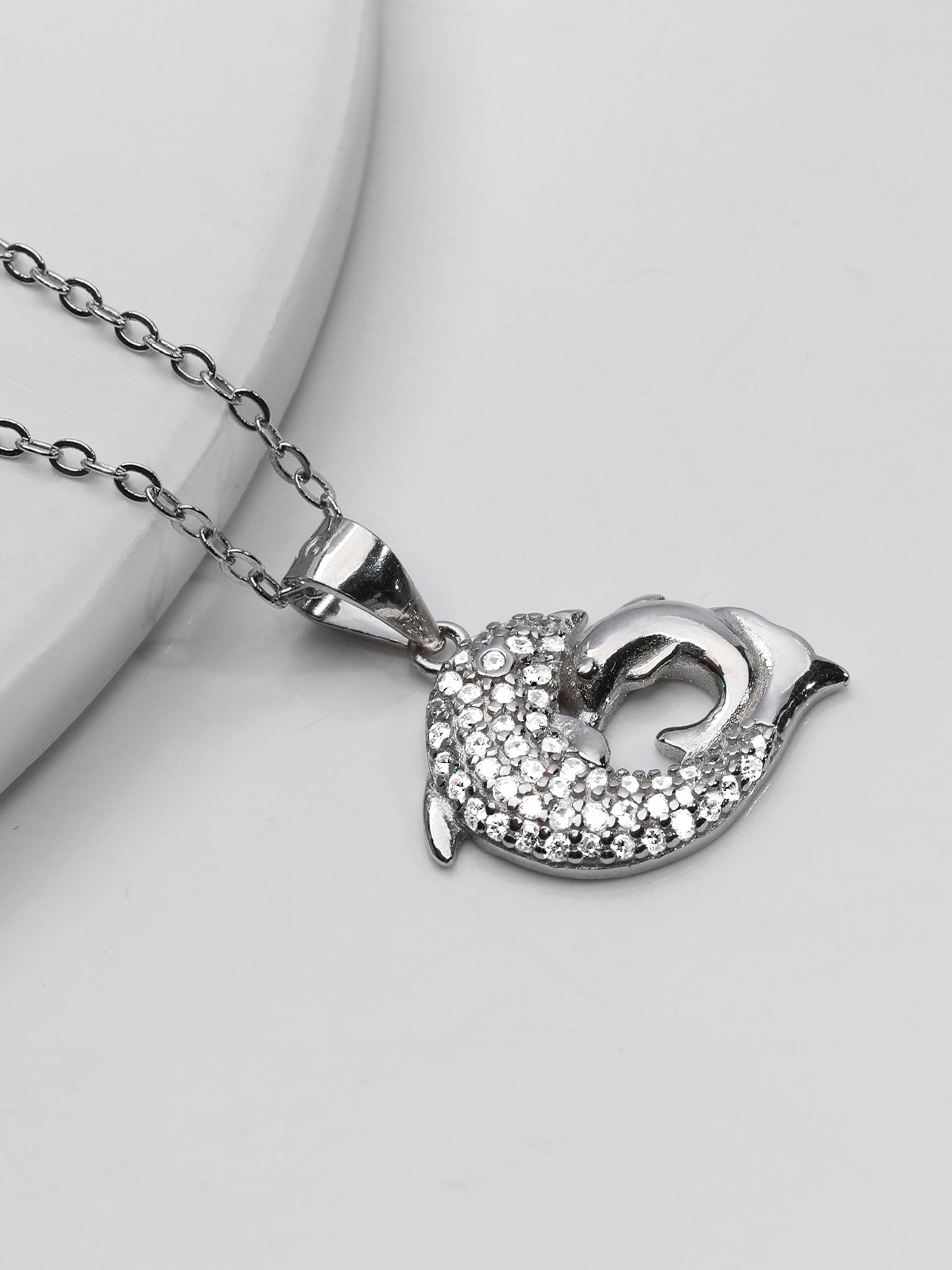 Silver Dual Dolphin Pendant with Link Chain