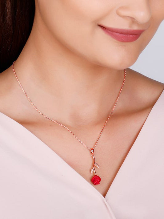 Rose Gold Red Rose Pendant with Link Chain