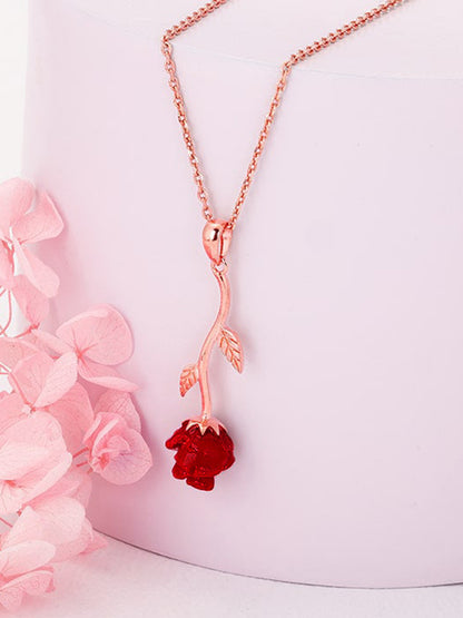 Rose Gold Red Rose Pendant with Link Chain