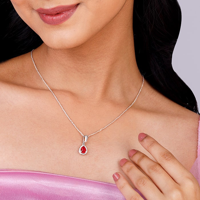Silver Radiant Ruby Pendant With Link Chain