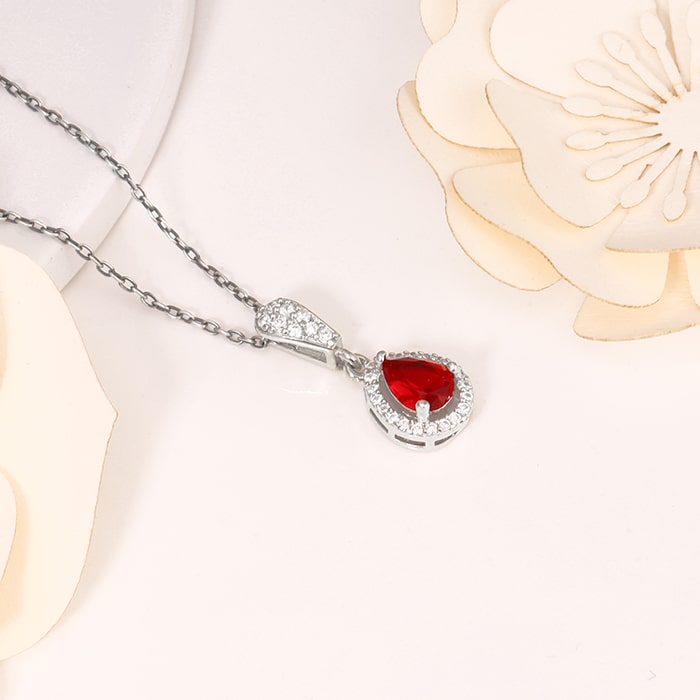 Silver Radiant Ruby Pendant With Link Chain