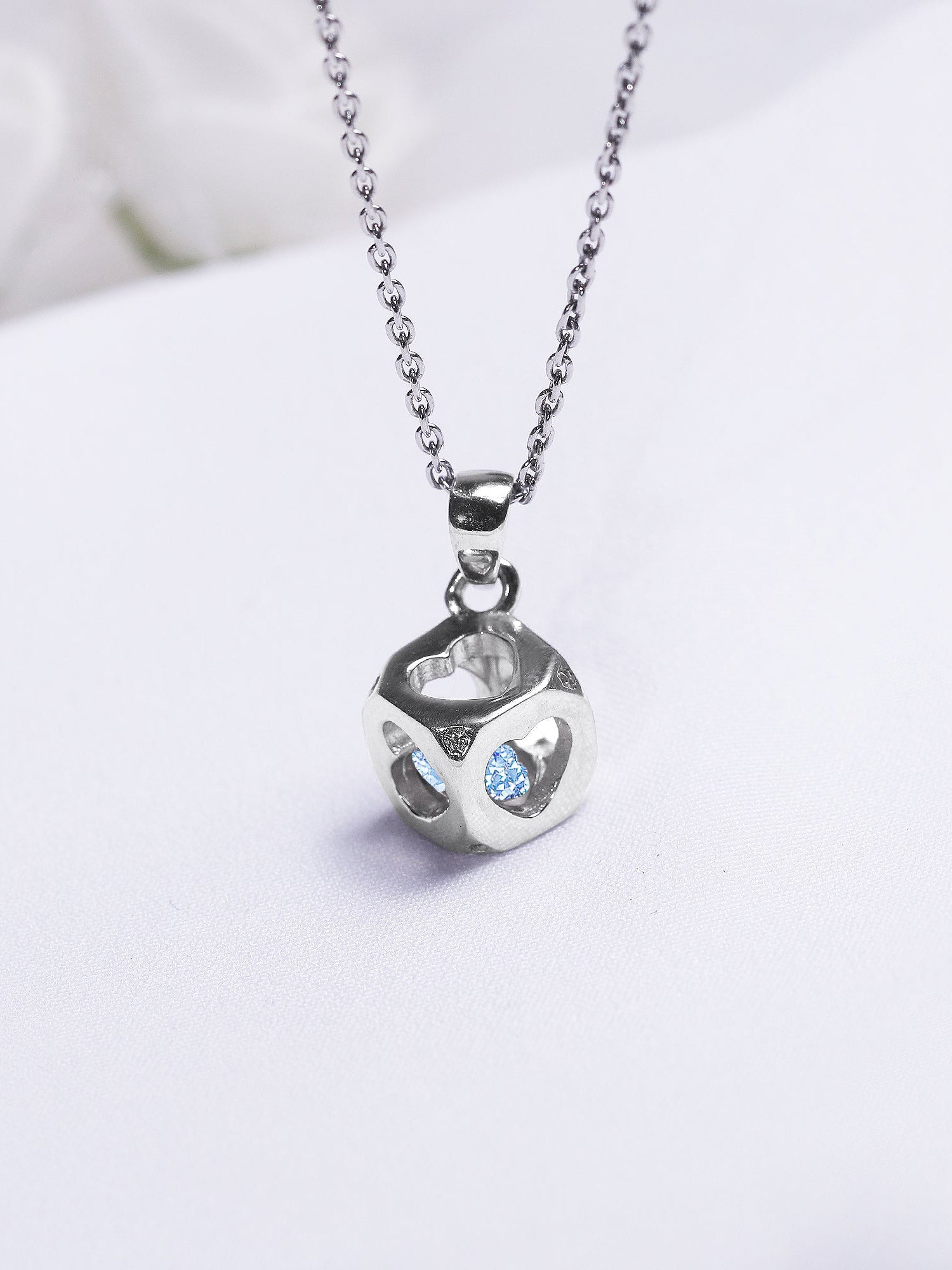 Sky Blue Heart Cube Pendant with Link Chain