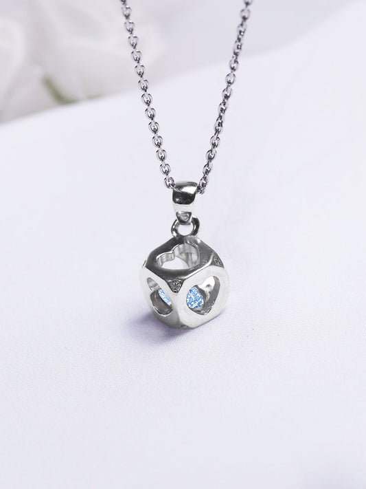 Sky Blue Heart Cube Pendant with Link Chain